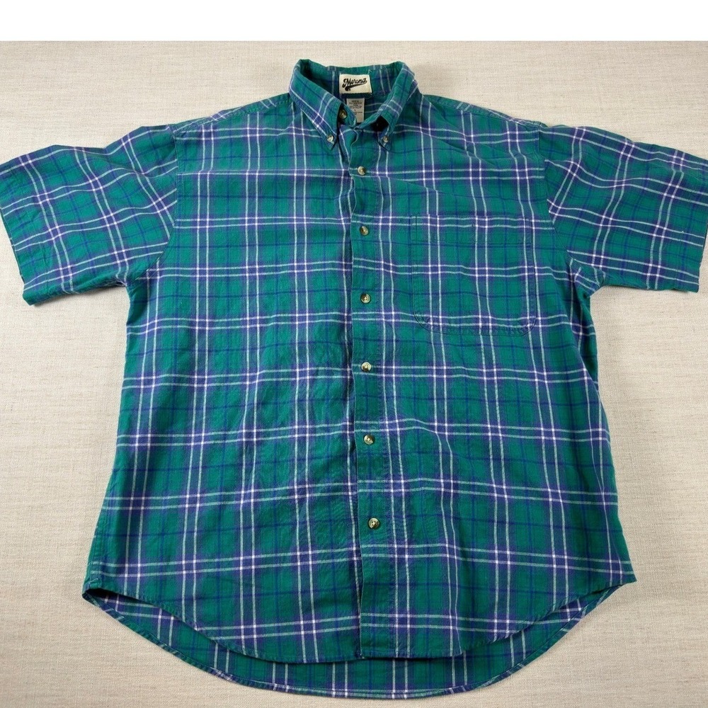 Merona Mens Plaid Button Down Shirt Green Blue Short Sleeve Cotton Size L